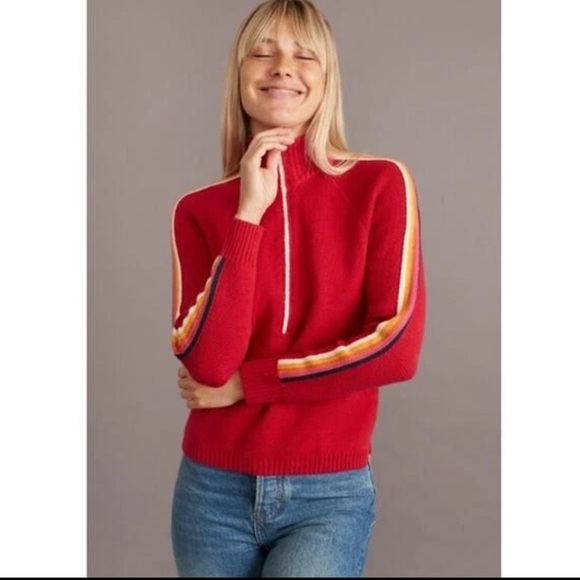 Marine Layer Sweaters - Marine Layer X Lost & Found Retro Snowbird Stripe 1/4 Zip Sweater Medium Red